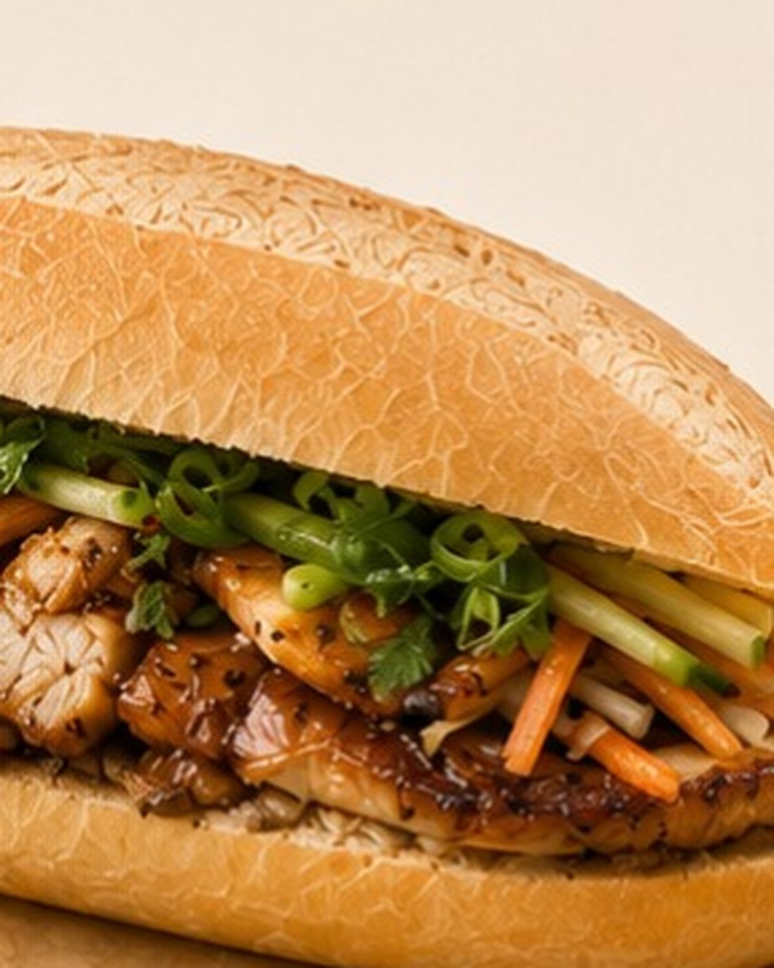 Banh mi roll with roast pork and pickled vegetables