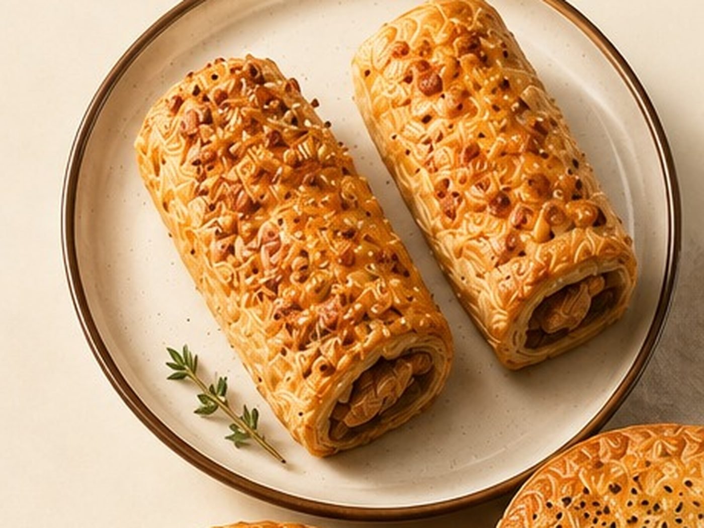 Sausage rolls and pies on a plate